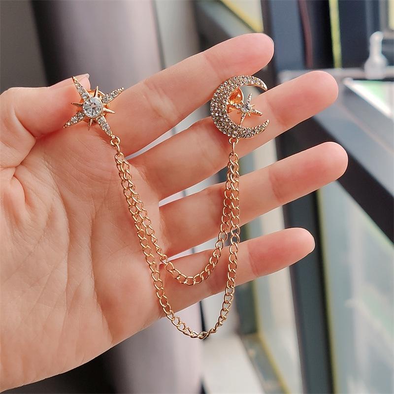 Tassel Moon Star Brooch Tassel Crystal Pin Korean Suit Men'S Clothing Accessories