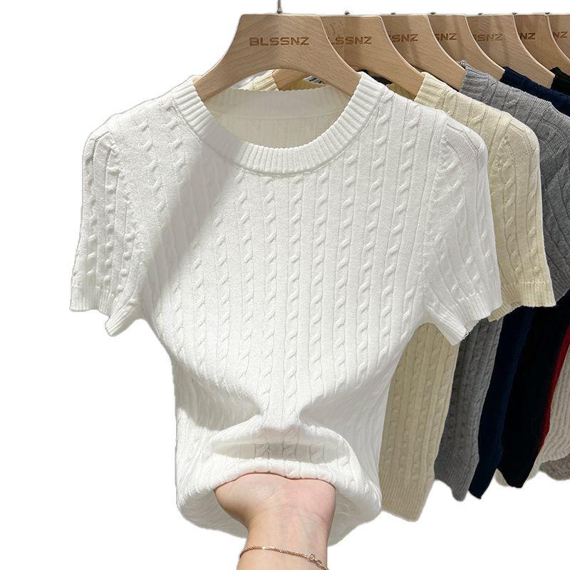 Women's Apricot Short-Sleeve Knit Top, Slim Cable Design, Summer 2025 Collection