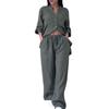 2Pcs/Set Women Shirt Pants Set Solid Color Long Sleeves Single-breasted V Neck Blouse Elastic Waist Loose Wide Leg Trousers Casual Commute Clothes