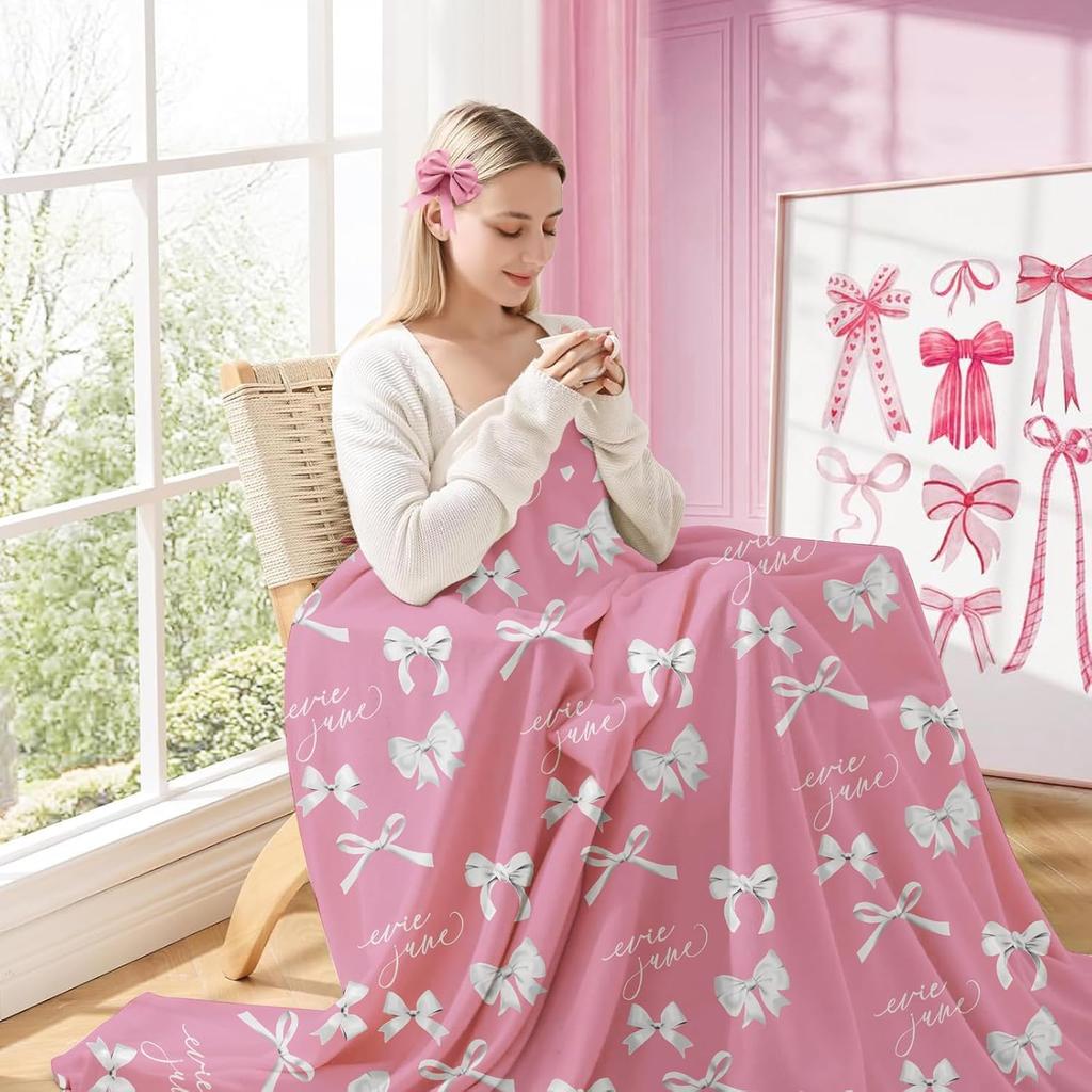 VIKAMA Frühlingsrosa Schleife Decke Decke für Teenager-Mädchen Decke für Teenager-Kinder Weiche Flanelldecke Leichte Überwurfdecke für Sofa