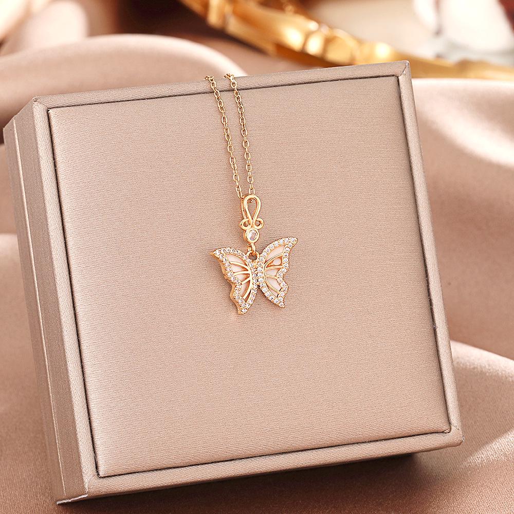 Women's Butterfly Titanium Necklace: Micro-Inlaid Diamonds, Exquisite Luxury, Non-Fading Design