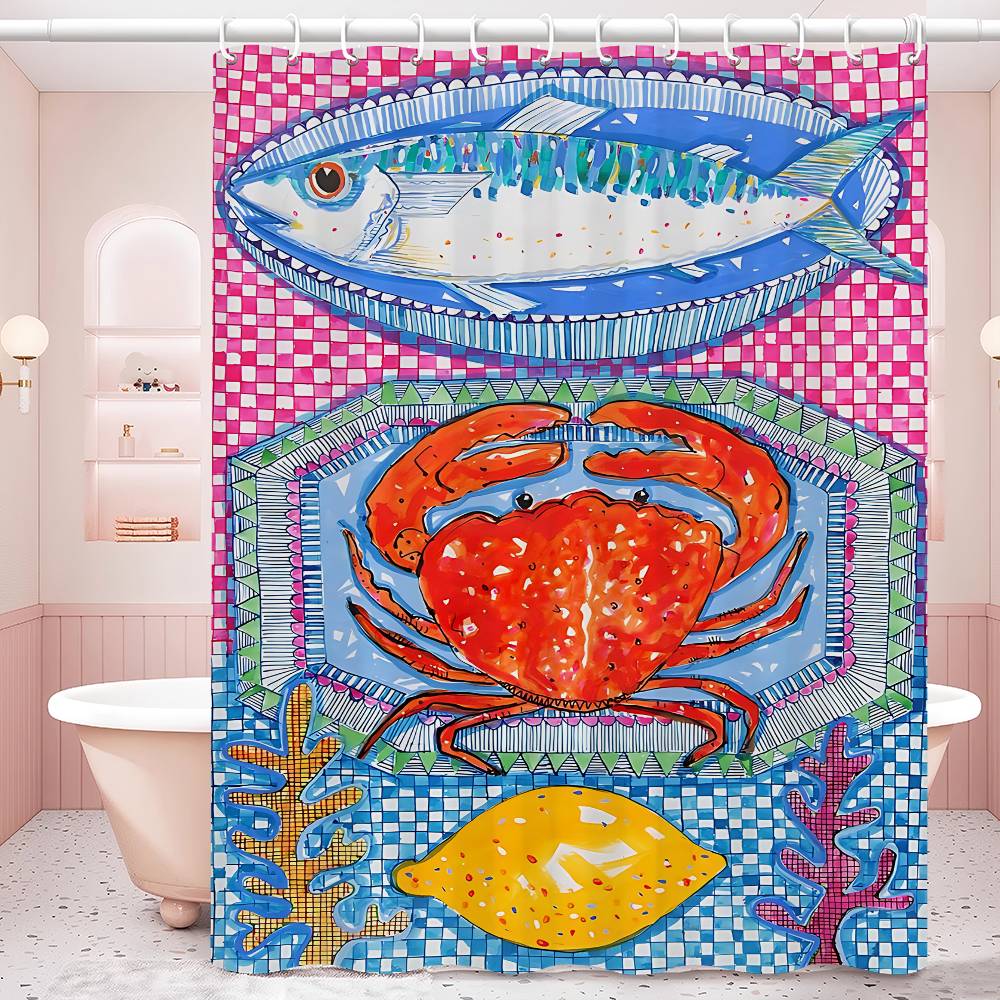 Colorful Sardine Lobster Fish Ocean Bathroom Curtain Classic Anime Fabric Shower Curtain With 12 Hooks Waterproof Bathroom Decor
