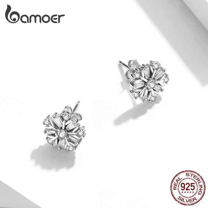

Женские серьги-гвоздики BAMOER из стерлингового серебра 925 пробы с блестящим цирконием и снежинками в форме ромба, изящные ювелирные изделия 925 silver