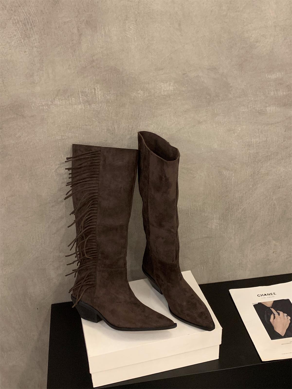 

Нишевые остроносые тонкие ботильоны на высоком каблуке женская обувь 2025 весна и осень зима ретро замшевые с бахромой длинные сапоги-трубы рыцарские сапоги 40