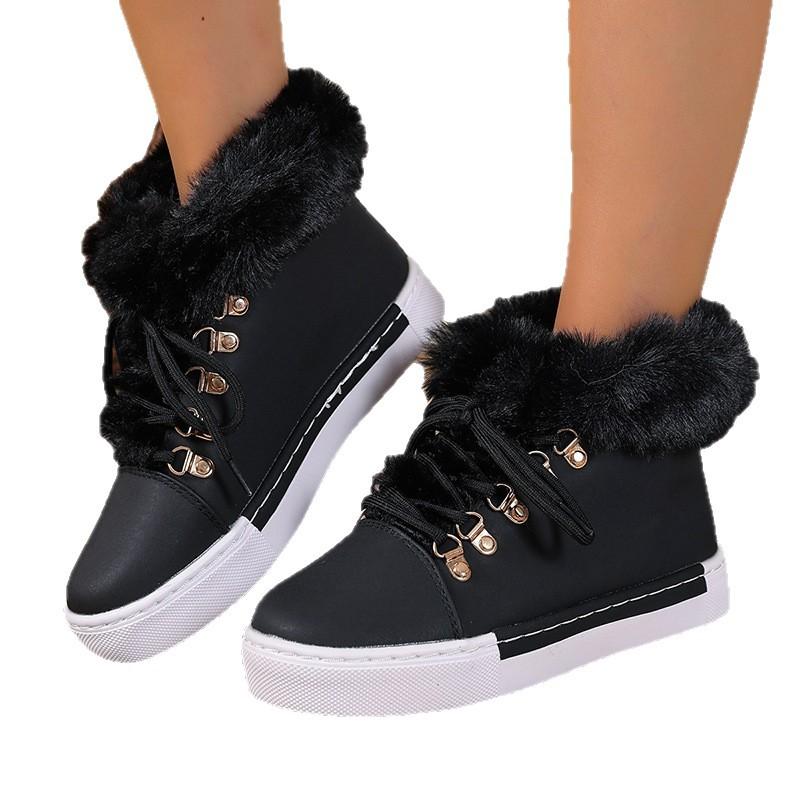 Women's Plus Size Euro-American Fleece-Lined & Warm Snow Boots – Thick Platform, Ankle-High, Lace-Up with Fur Trim, Winter New Arrival Wholesale