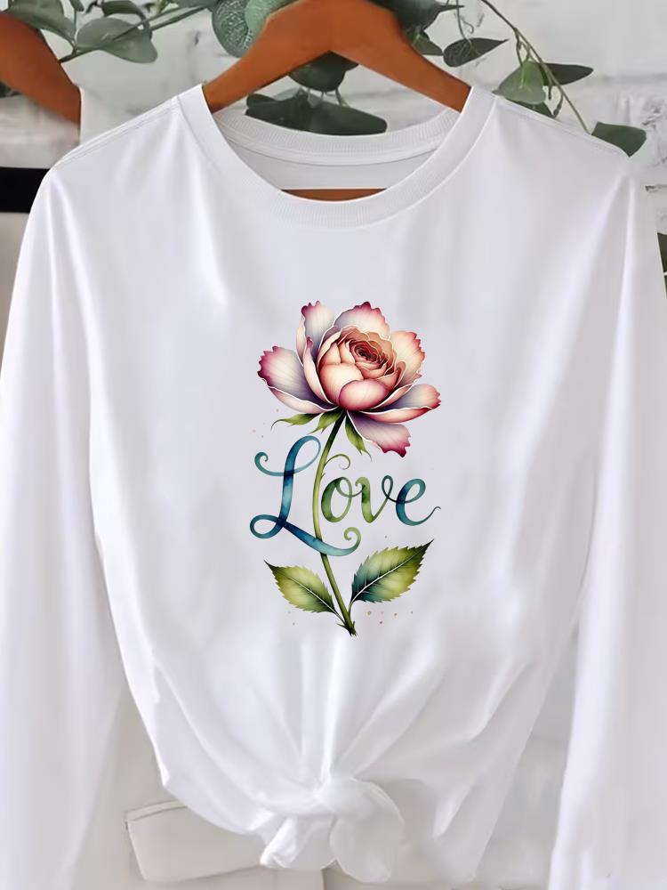 (Asiatische Größe) Langarm T-Shirt Tee Rundhals Aufdruck Herbst Winter Frühling Damen Trend Blumen Trend Kleidung Lässig Mode Oberteil Grafik T-Shirts