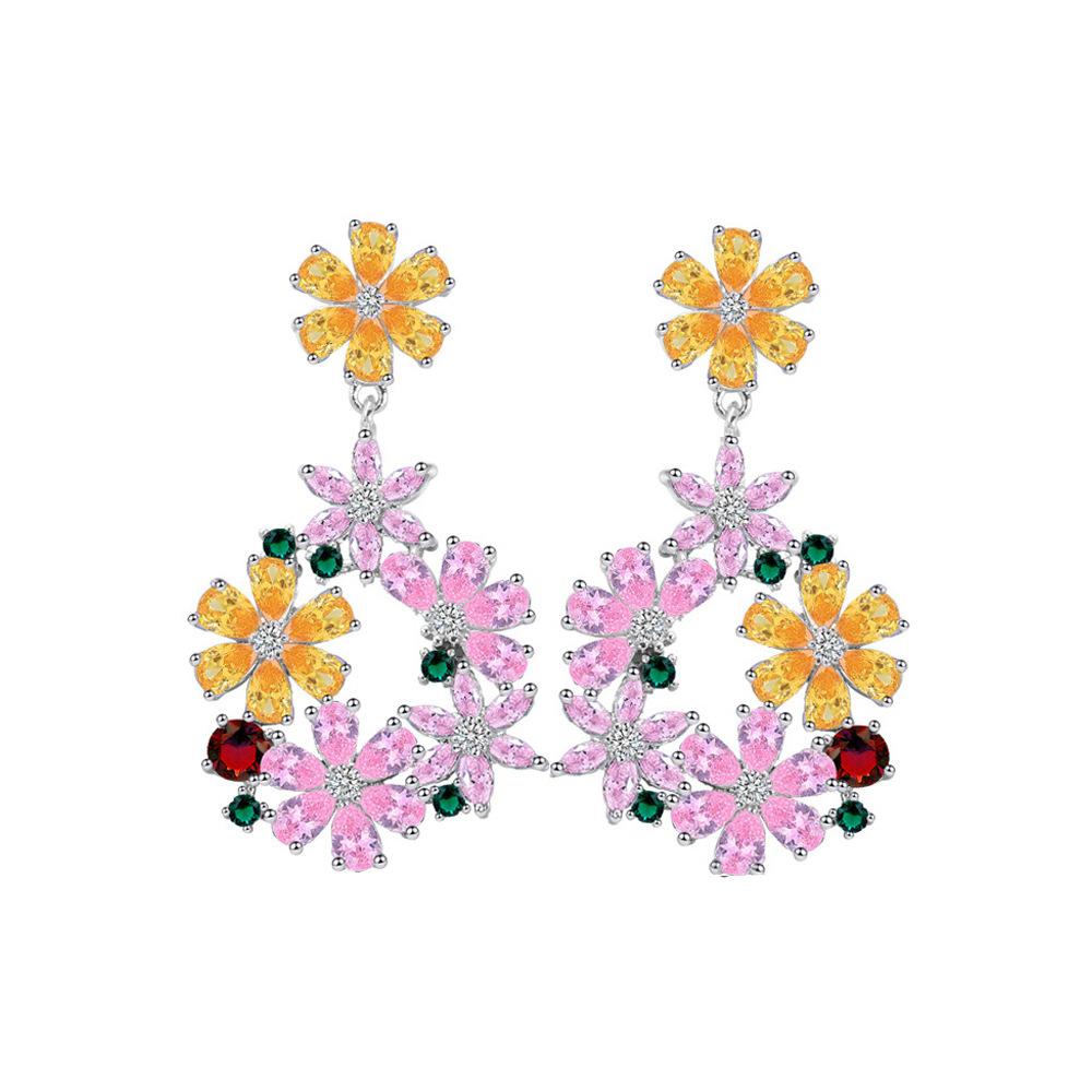 Color Diamond Flower Cluster Earrings, Needle Zircon Garden Forest Series Super Fairy Temperament Earrings