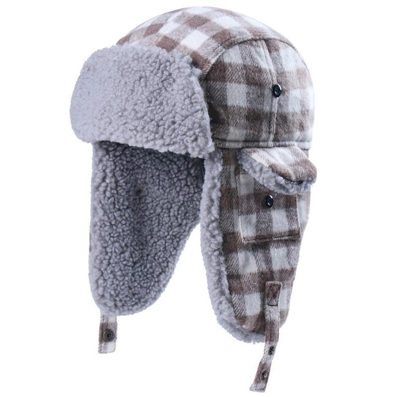 Winter Warm Ear Protection Hat Knit Plaid Beanie Cap Outdoor Cold Weather Use