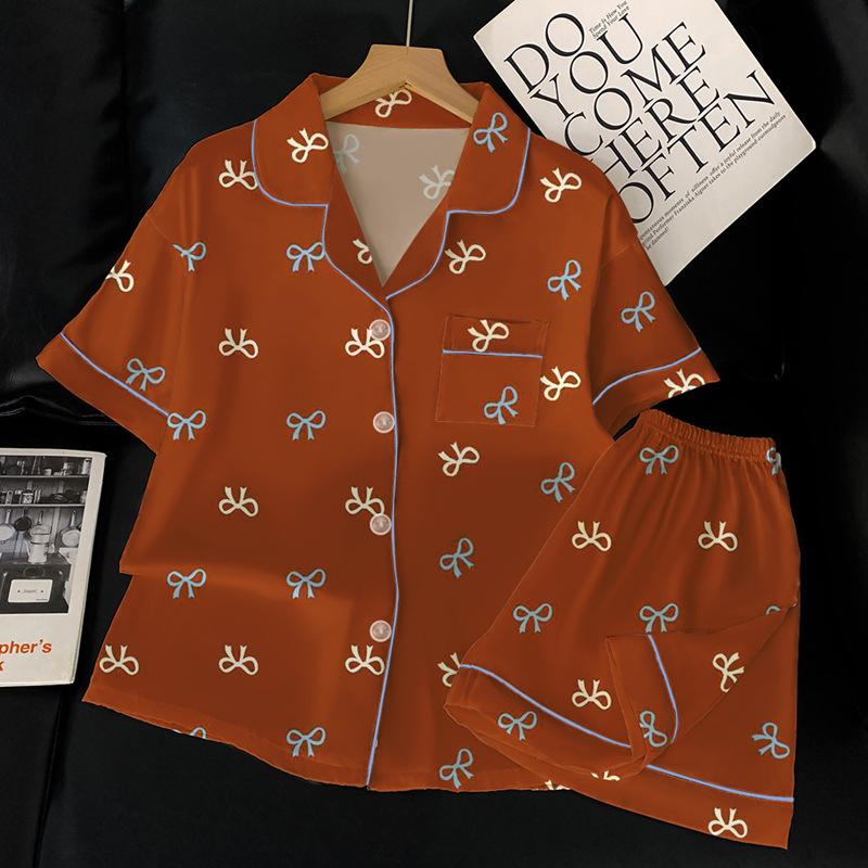 

Retro Red Bow Pajamas Women S Summer Short-Sleeved Wedding Ice Silk Thin Loungewear Two-Piece Set 2XL