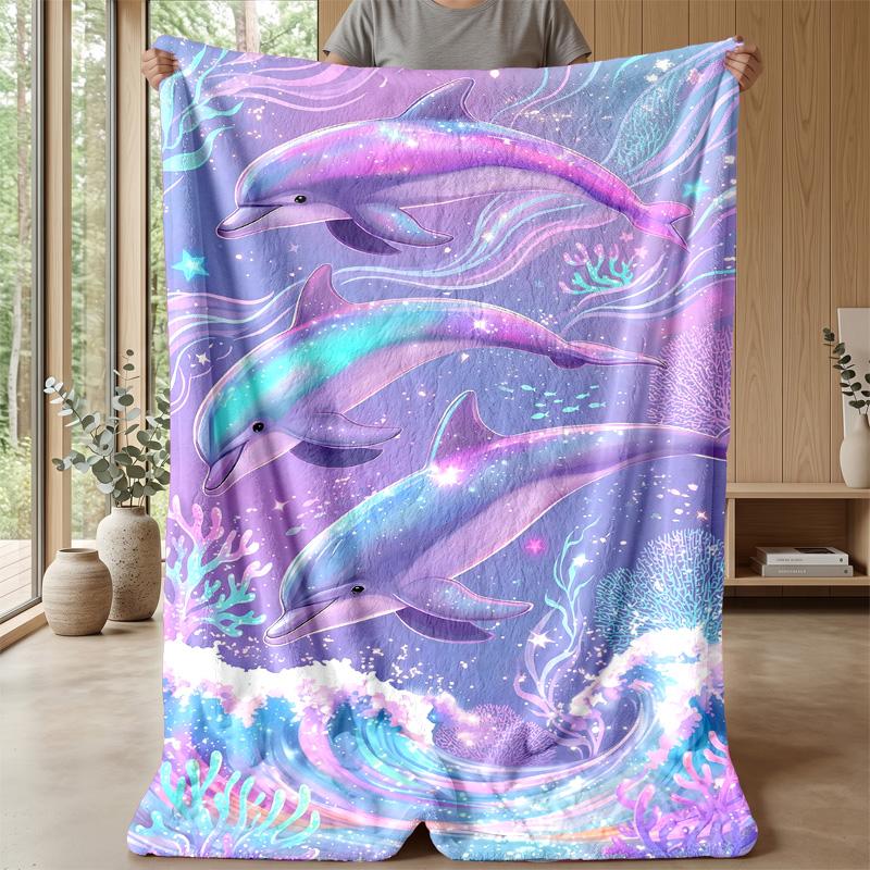 Galactic Dolphins Rainbow Wave Theme Blanket Lightweight Warm Flannel Blanket Decorative Throw Blanket for Home Decoration