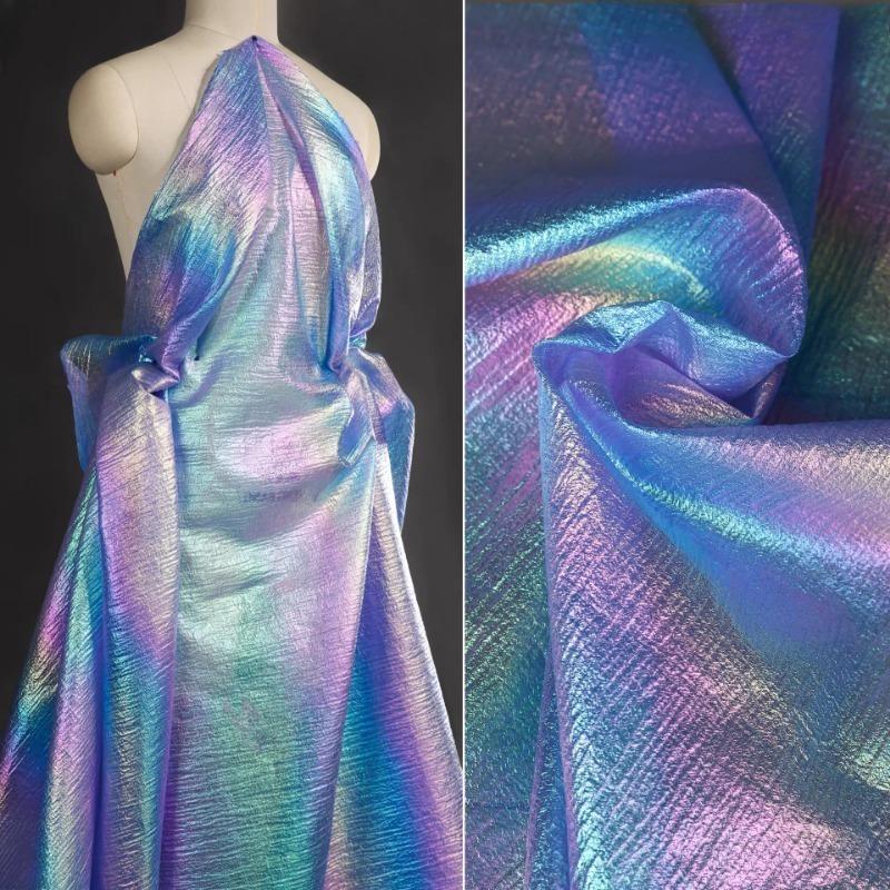 Laser Gradient Pearl Net Chiffon Fabric with Iridescent Crinkle Sheen for Stage Gown DIY Luxury Haute Designer Fabric