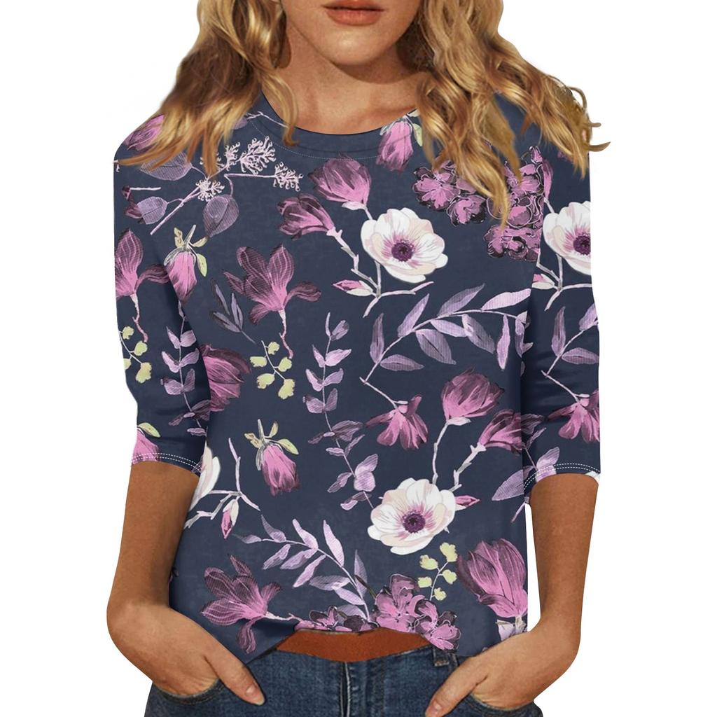 Female Fresh Flower Printing Fashion Casual Round Neck Three Quarter Sleeve T-Shirt Summer Commute Tops