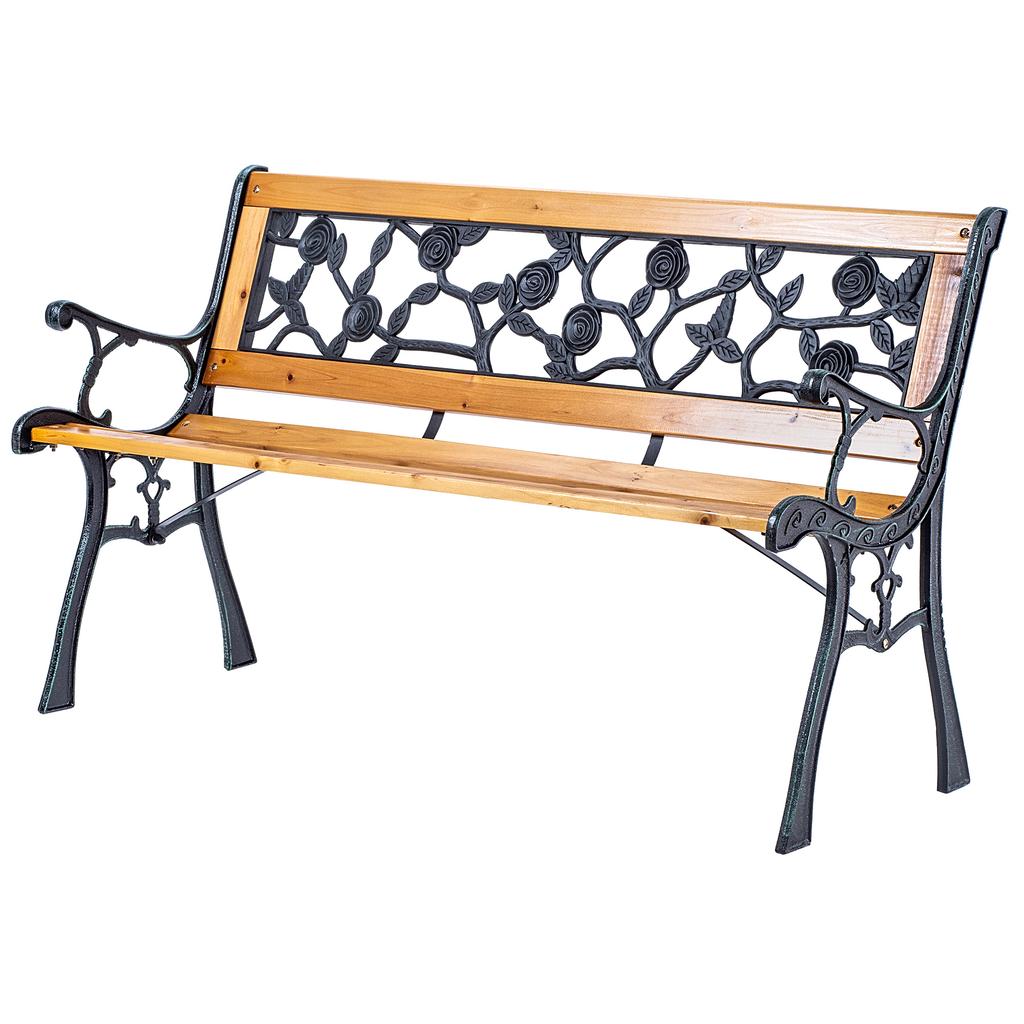 KADAX Garden Park Bench Wooden 127cm Bench With Backrest Cast Iron Roses