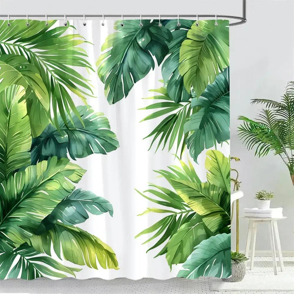 Beautiful Tropical Plant Leaves Shower Curtain Watercolour Palm Tree Leaves Printed Polyester Fabric Bath Curtain Bathroom Decor