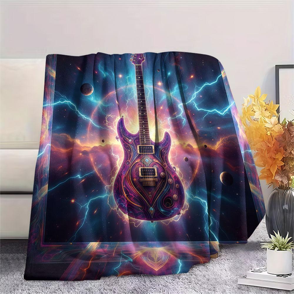 1Pc Vintageguitar Print Flannel Blanket, High quality Comfortable for All Seasons, Home Decor, Warmth and Comfort, Perfect for Christmas Gifts