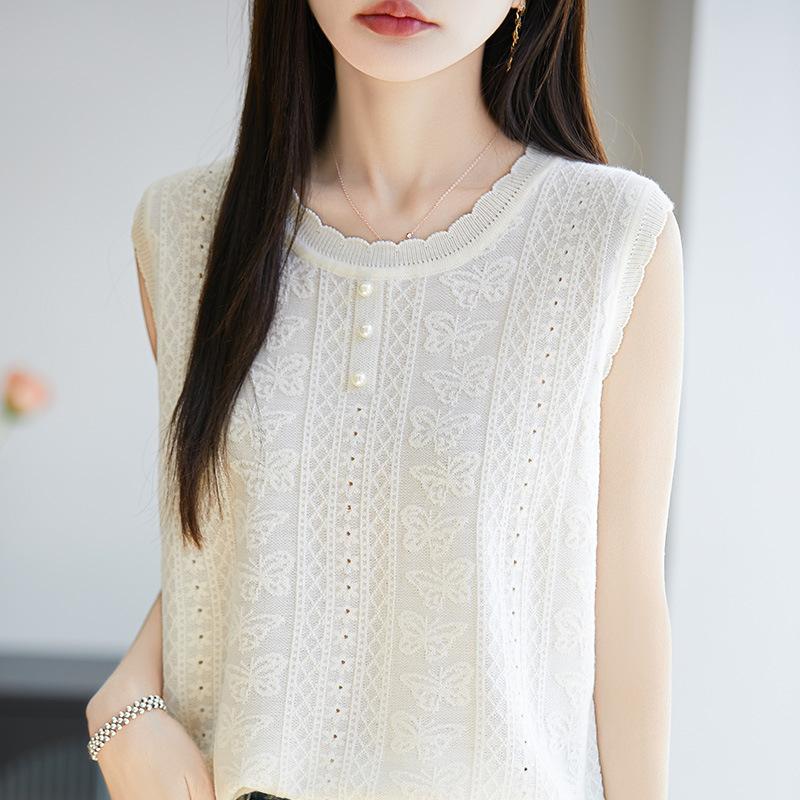 

Летний новый французский жилет без рукавов, женская блузка с круглым вырезом, кружевной топ-футболка, связанный крючком XL бежевый