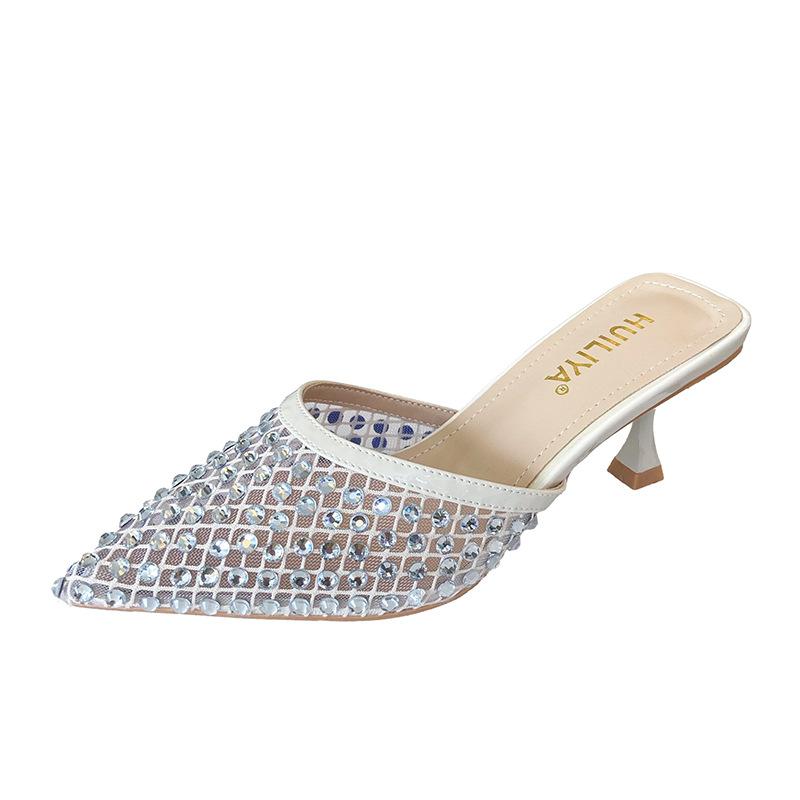 Fashion Women Vintage Pointed High Heel Mule Sandals Rhinestone Embellished Hollow Out Slip On Shoes