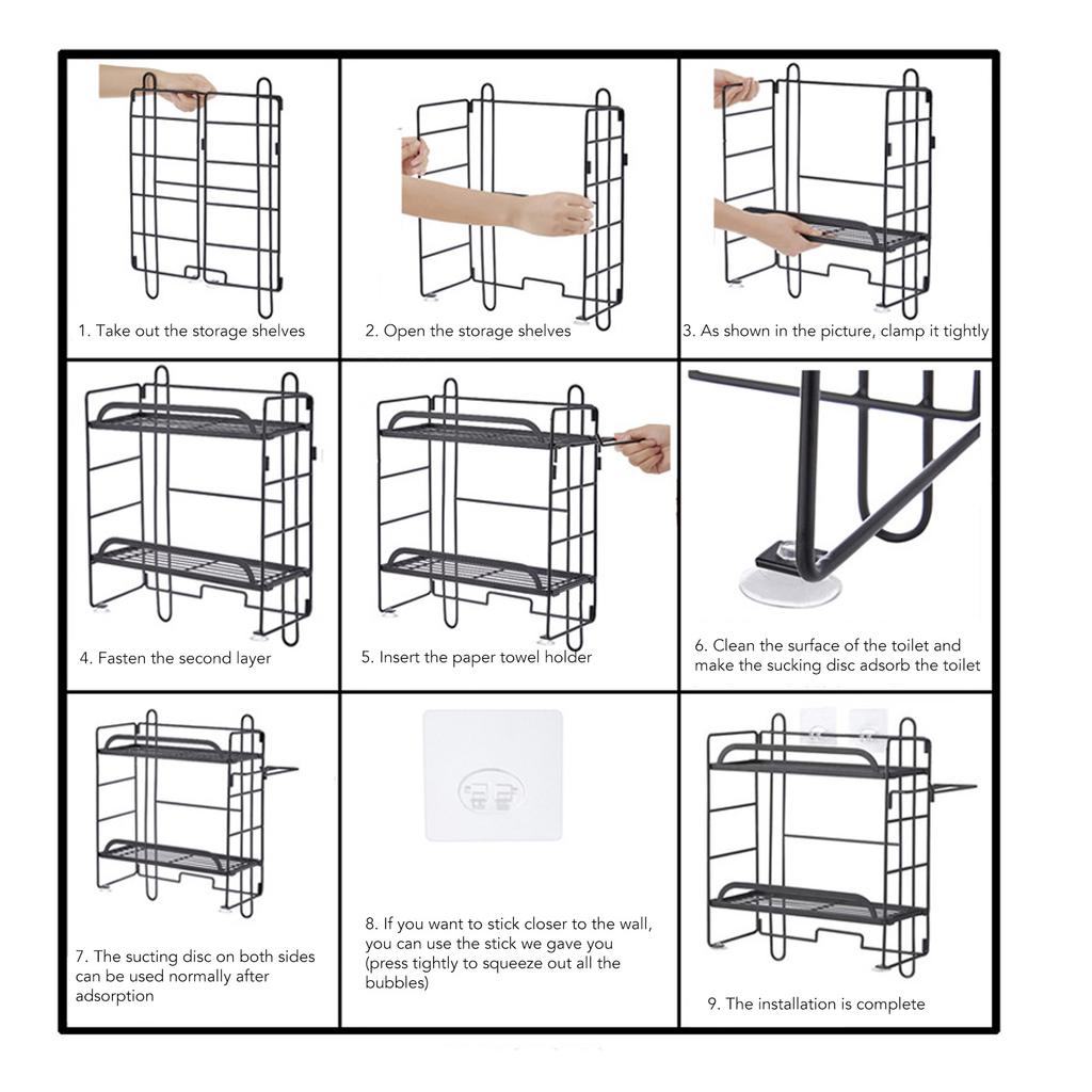 Toilet Storage Shelves Iron Wall Mounted 2 Layers Foldable Grid Home Decoration with Hooks for Bathroom