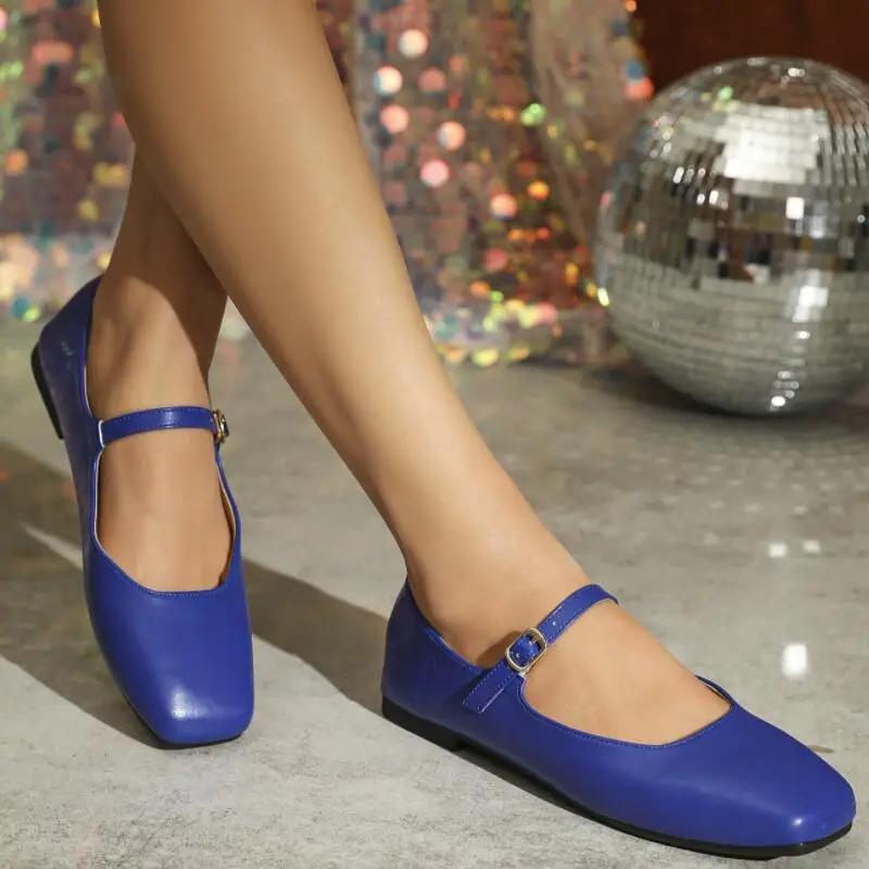 

Мода 2025 Весна Новые Ретро Женские Балетки на Плоской Подошве Модные Кроссовки Квадратный Носок Женские Повседневные Мэри Джейн Слингбэки Дизайнерская Обувь 35 королевский синий