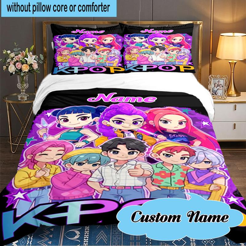 Custom Name 3PCS Music Stars KPop Demon Bedding Set Including 1pc Duvet Cover And 2pcs Pillowcases for Bedroom, Dormitory Gift Home Decor