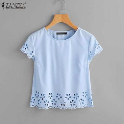 Blusa Casual da Donna a Girocollo a Maniche Corte con Dettagli Traforati