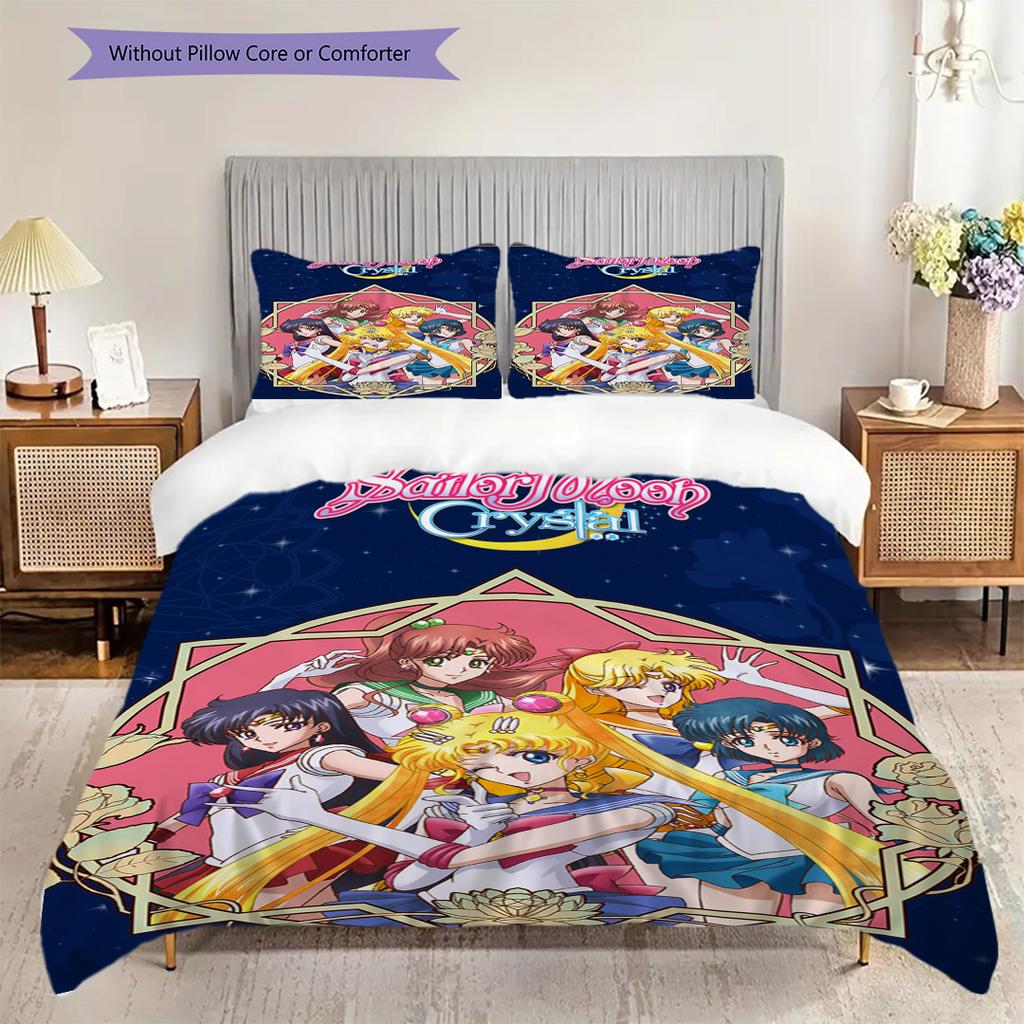 Süßes Cartoon-Thema Sailor Moon Tsukino Usagi Cartoon bequemer Heim-Bettbezug und Kissenbezug (1 * Bettbezug + 2 * Kissenbezug, ohne Füllung)A1