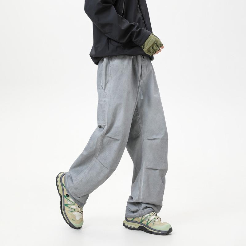 Autumn and winter elastic pure cotton overalls wear-resistant multi-bag fashion simple paratrooper pants men's loose straight wide-leg casual pants