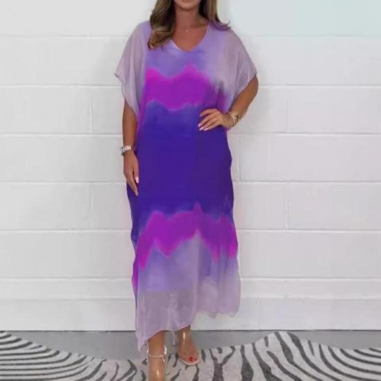 Gradient Printed Womens Chiffon Maxi Dress V Neck Short Sleeve Beach Sundress Casual Loose Long Dress for Summer Holiday