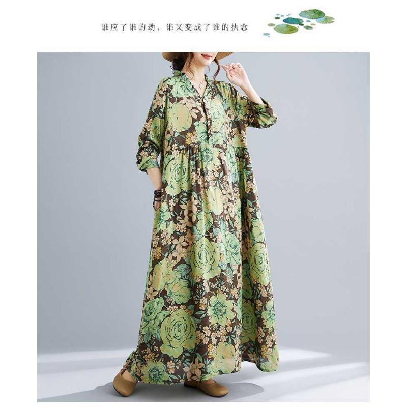 Neue Böhmische Vintage Bedruckte Lockere Bauchbedeckende Langarm Großer Schwung Lange Kleider