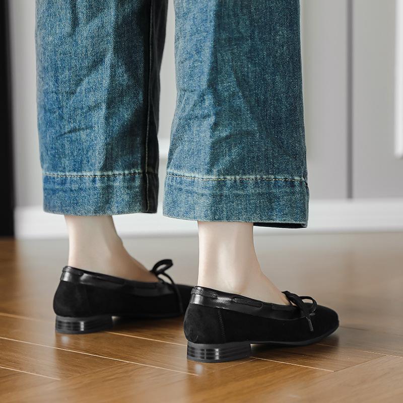 Retro suede British style flat Mary Jane women's shoes bow ballet shoes one pedal shallow mouth square head single shoes