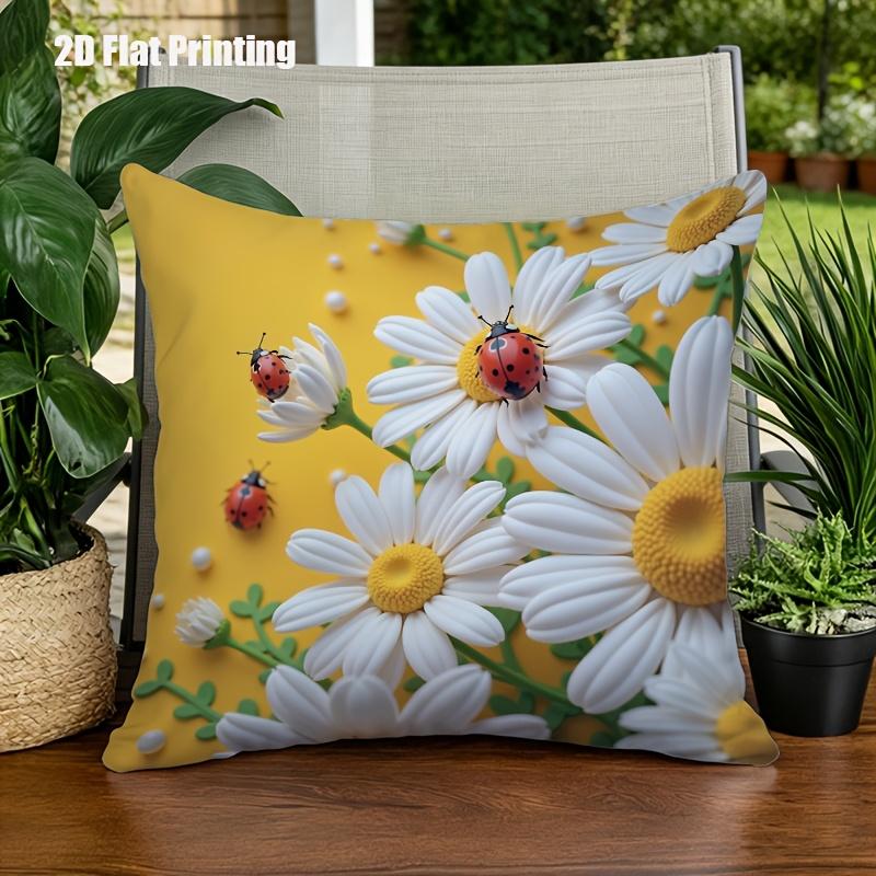 2D Effect Daisy Ladybug Pillow Cover Yellow Floral Print Soft Cozy For Sofa Bed Living Room Spring Garden Decor Gifts