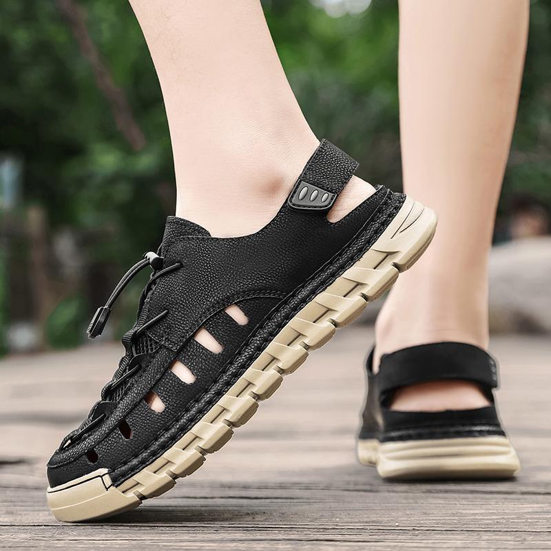 Men Sandals New Elastic Band Leather Hollow Breathable Comfortable Lightweight Summer Outdoor Beach Walking Sandals for Teen