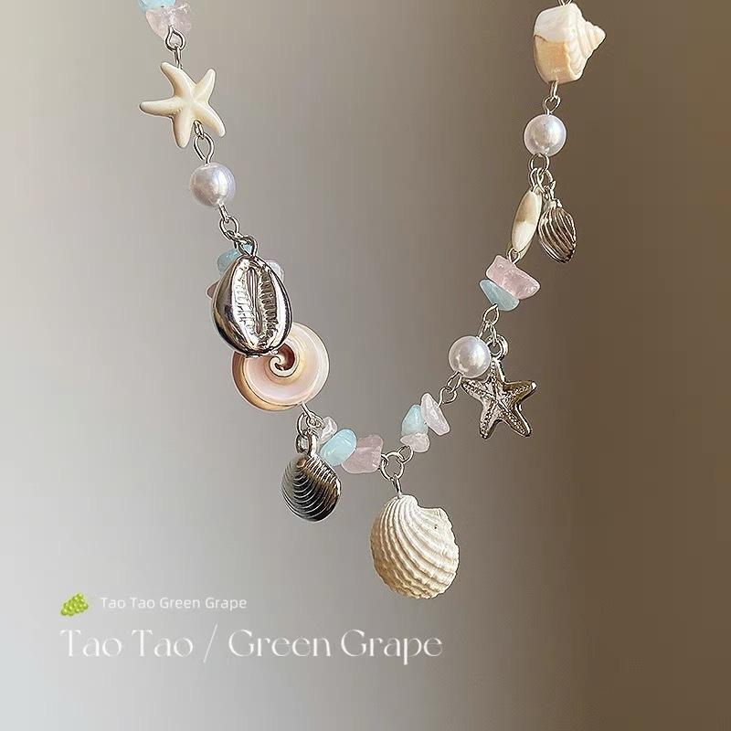 Boho Beach Shell Starfish Necklace - Pearl & Aquamarine Beaded Coastal Jewelry for Women