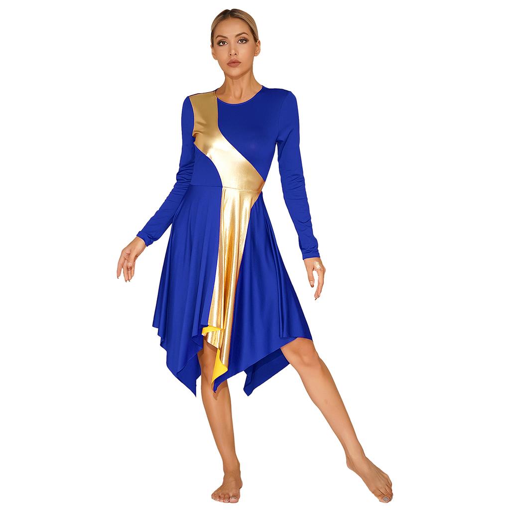Women's Christian Dance Costume - Asymmetrical Metallic Dress with Wide-Leg Pants, Long Sleeve Worship Performance Wear