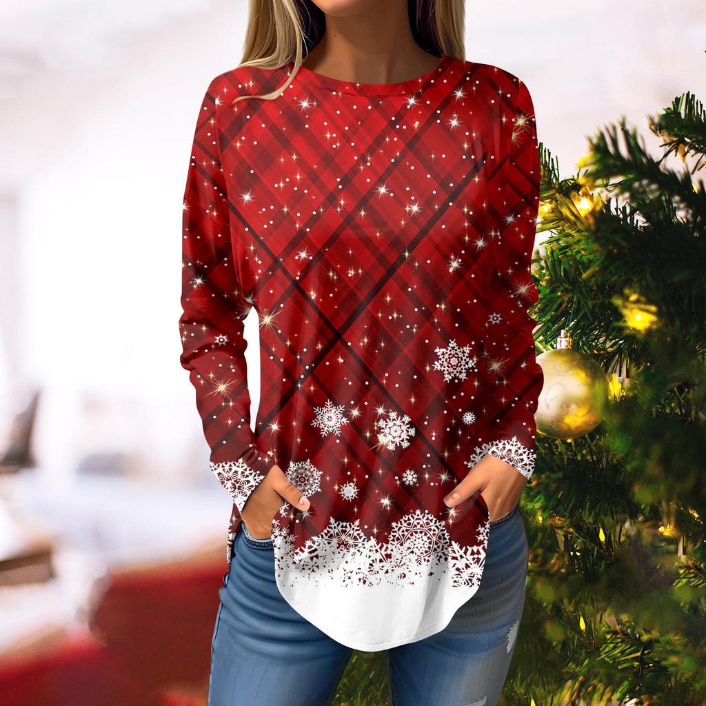 Γυναικείο T-shirt με 3D στάμπα χιονονιφάδας χριστουγεννιάτικου δέντρου, στρογγυλή λαιμόκοψη, μακρυμάνικο, casual μακρυμάνικο τοπ