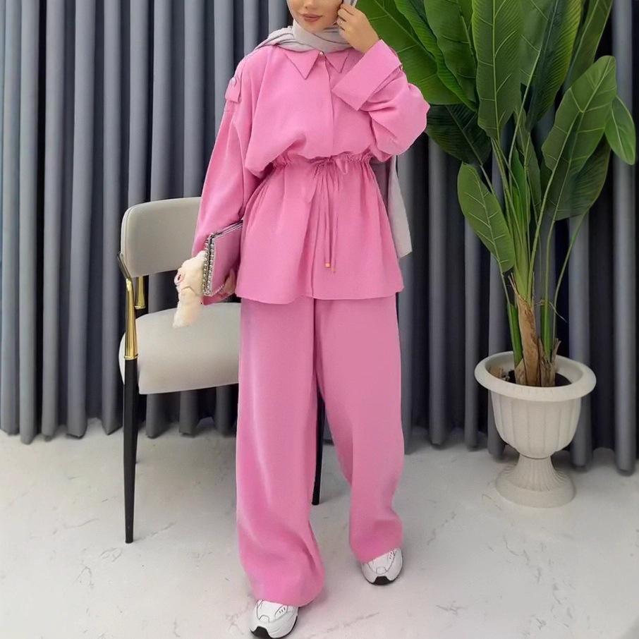 

Комплект женской блузки с драпировкой и длинными рукавами и брюк с высокой талией и завязками, осень 2025 XS яркий розовый
