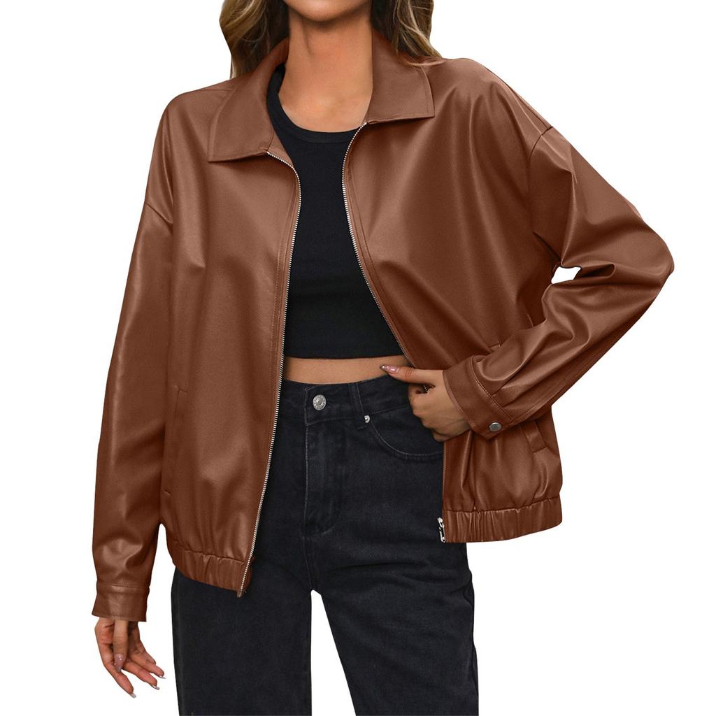Ladies Fashion Casual Solid Color Outdoor Leather Jacket Short Coat