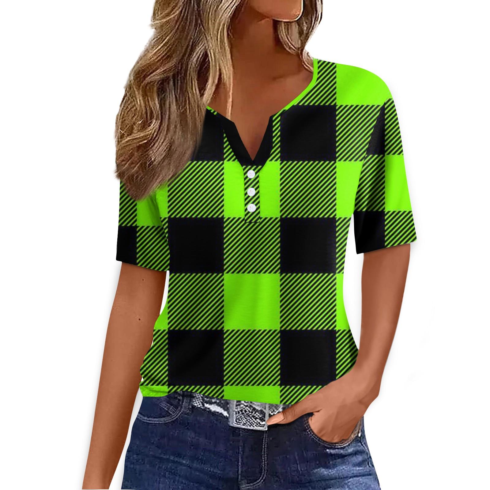 

Жен. Футболка Футболка С принтом Пуговицы С короткими рукавами Повседневные Выходные Мода Классический V-образный вырез Обычный Верх XXXL зелёный