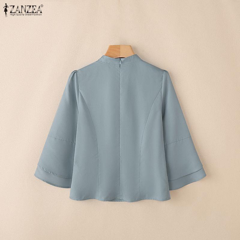 ZANZEA Women Casual Stand Collar 3/4 Sleeve Elegant Loose Blouse