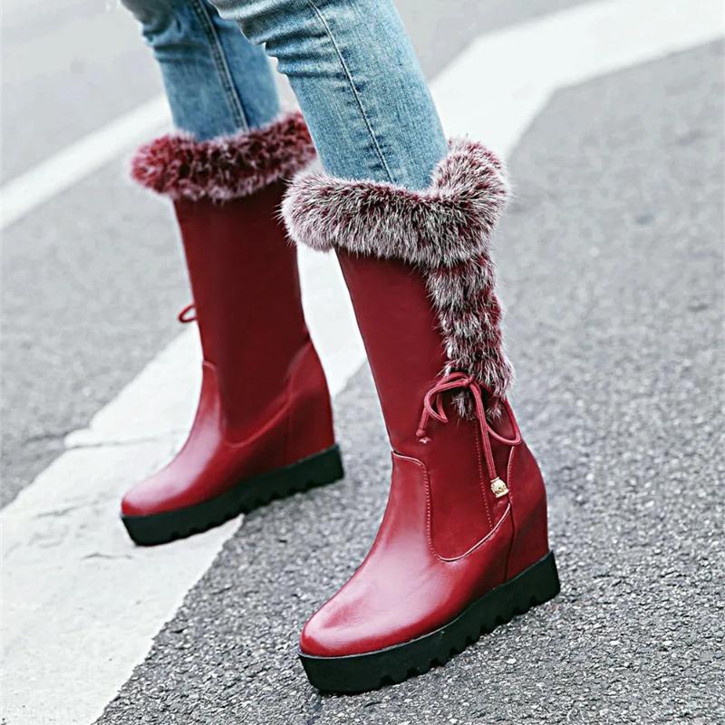 2025 Winter Womens Snow Boots Warm Fur Mid Calf High Boots  Lace-up Female Shoes Female Cute Padded Boots Zapatos De Mujer 33