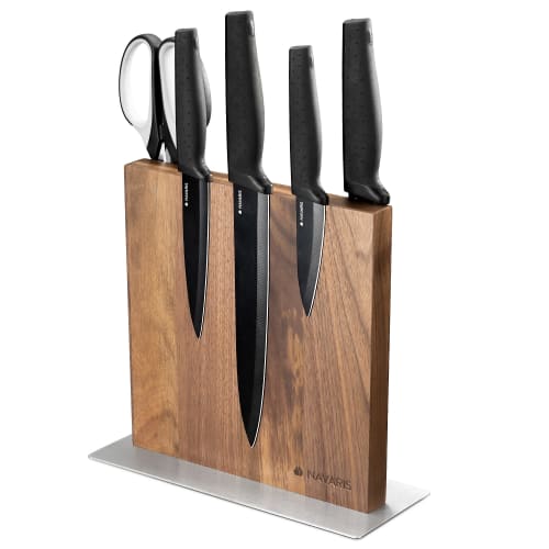 Navaris Magnetic Knife Block, Knife Stand, Knife Holder - Non-Slip Knife Storage, Space-Saving - Double-Sided Kitchen Storage, 25x23x10cm, Walnut