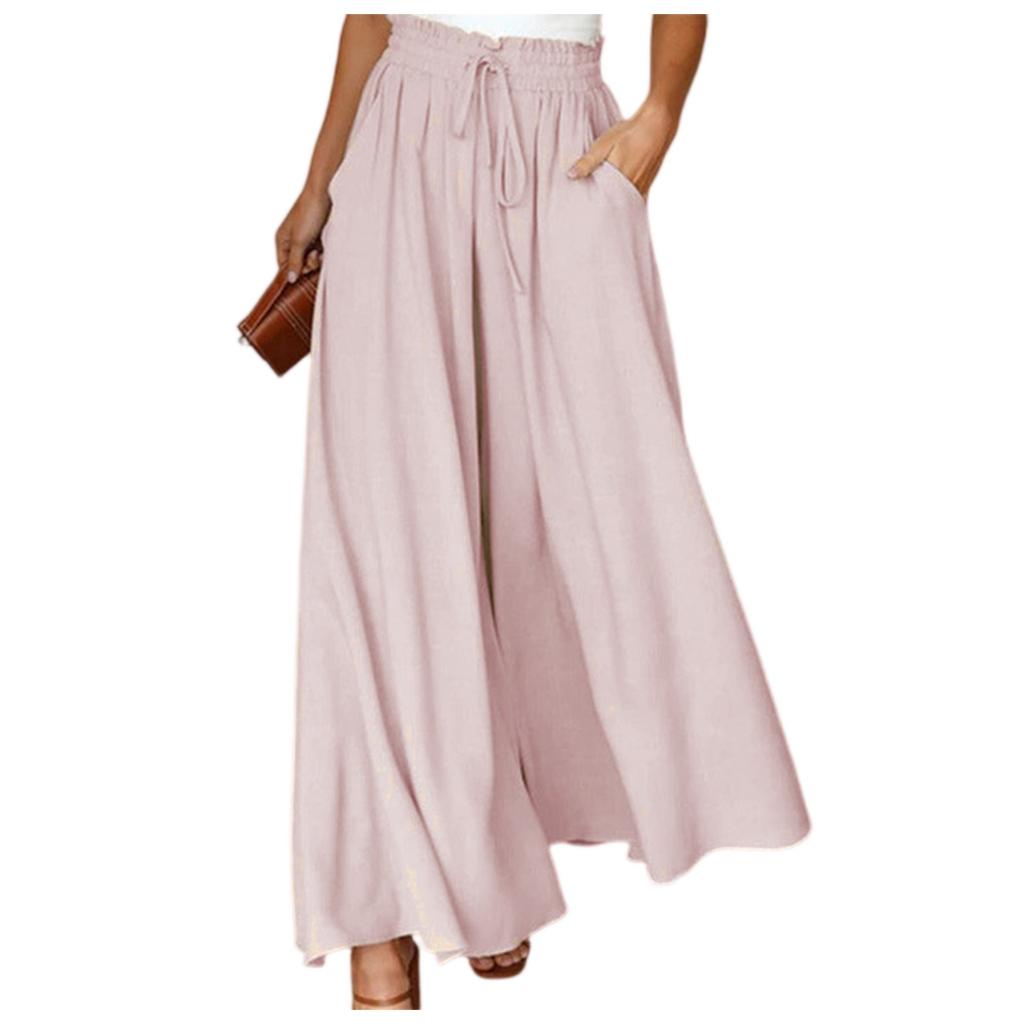 Women's Casual Fashion Elastic Waistband Wide Leg High Waist Long Skirt Pants