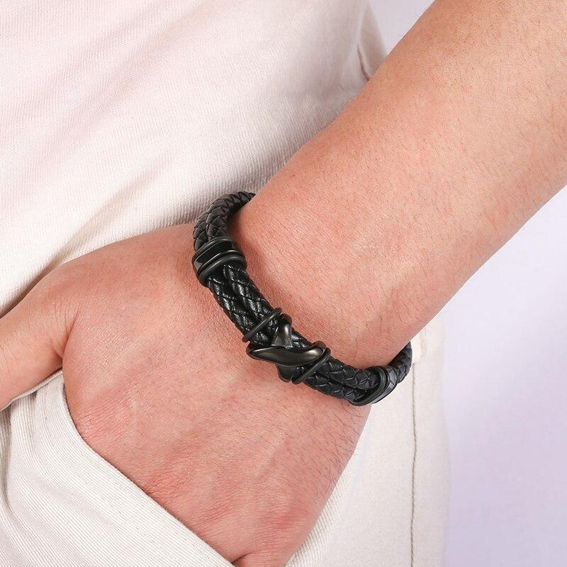 Gothic Men Fashion Braided Genuine Leather Bracelet Cross Accessories Homme Femme Bracelets Handmade Jewelry
