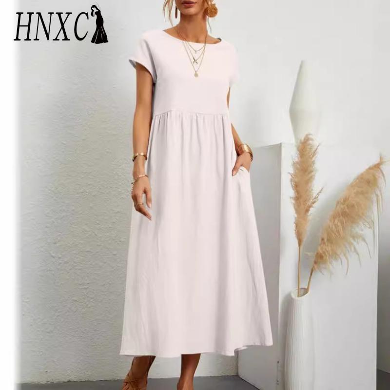 HNXC Women's Fashion Summer Spring Solid Color Print O-Neck High Waist Casual Dresses