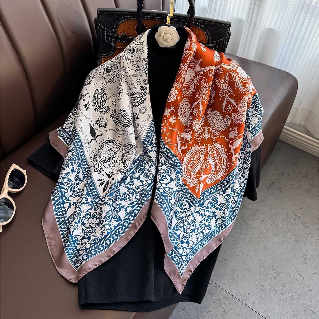 90×90Cm  Satin Shawl Design Flowers Silk Square Women Neck Scarves Wrap Headkerchief Beach Hair Band Women'S Bandana