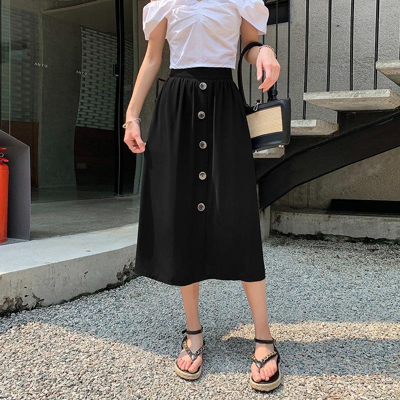 DIMANAF 2026 Summer New Plus Size Women Skirts Fashion Office Lady Style Pleated Long Skirt with Pockets Solid Black