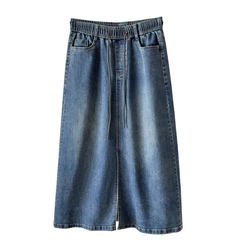 Autumn Women's Plus-Size Denim A-line Skirt with Front Slit, High Stretch, and Slimming Fit