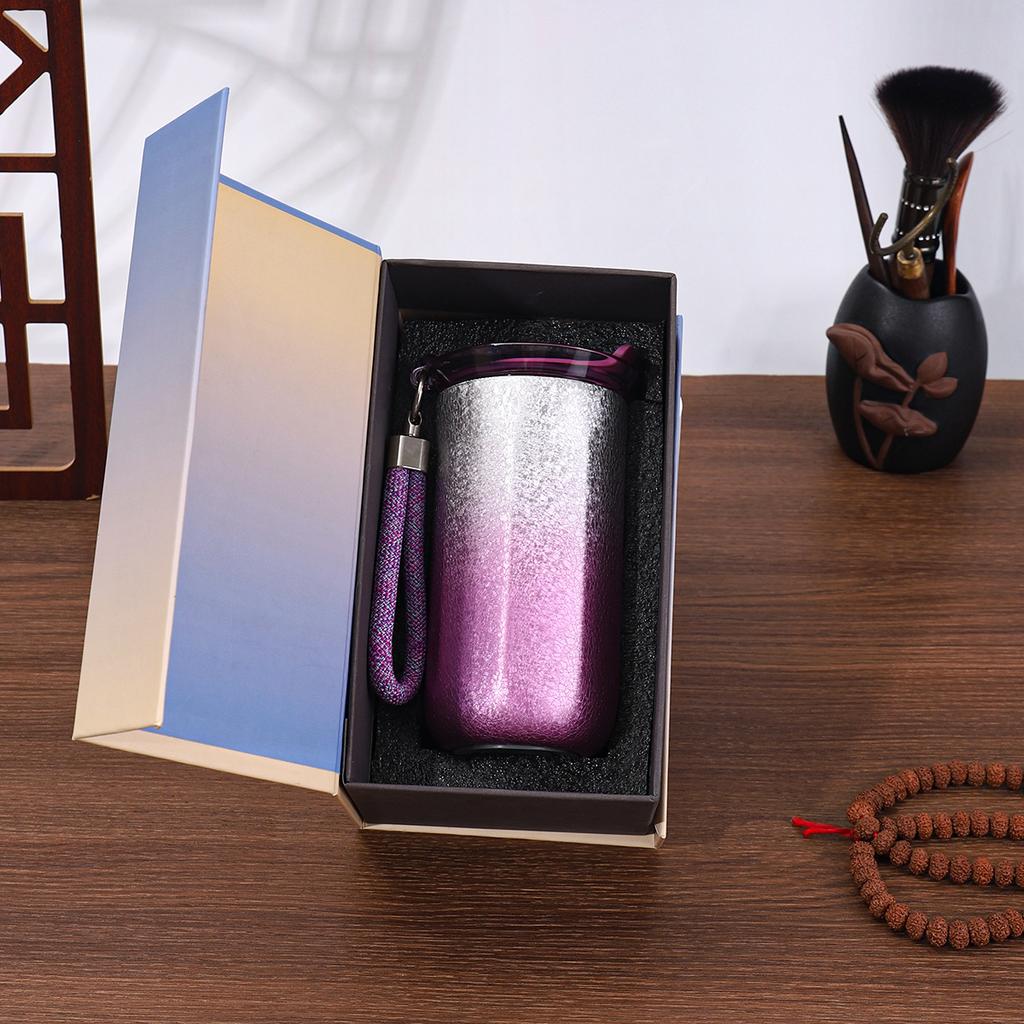 High-grade light luxury titanium-covered thermos cup female business gift box water cup gradual change color ribbon rope coffee cup