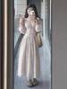 Early autumn French pink long-sleeve dress, women's outfit, new early autumn waist-cinching slimming elegant long skirt