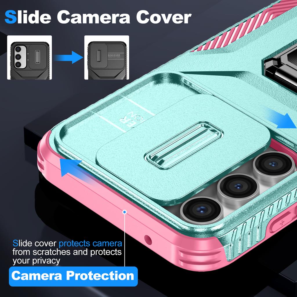 For Samsung Galaxy S23 FE Kickstand Case TPU+PC Phone Protector with Slide Lens Cover
